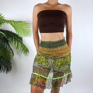 Vintage Y2K Green Fairy Grunge Hippie Bohemian Paisley Mesh Mini Skirt / Size: S